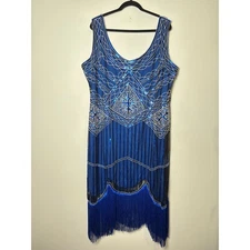 Fundaisy Blue Sequin Beaded Flapper Dress 4XL Plus Art Deco Gatsby Party Fringe