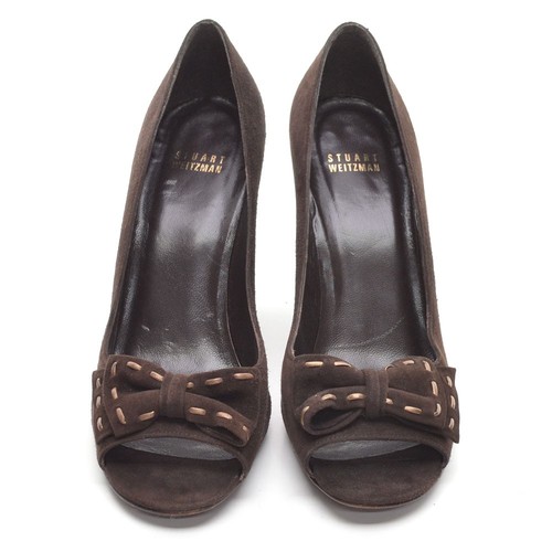 Womens Stuart Weitzman Bow Peep Toe Wedge Pumps 9 M Brown Suede High Heels Shoes - Picture 3 of 7