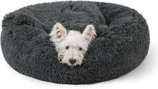 Calming Dog Bed for Anxiety, Hooded Donut Cave with Blanket, Plush Fluffy
