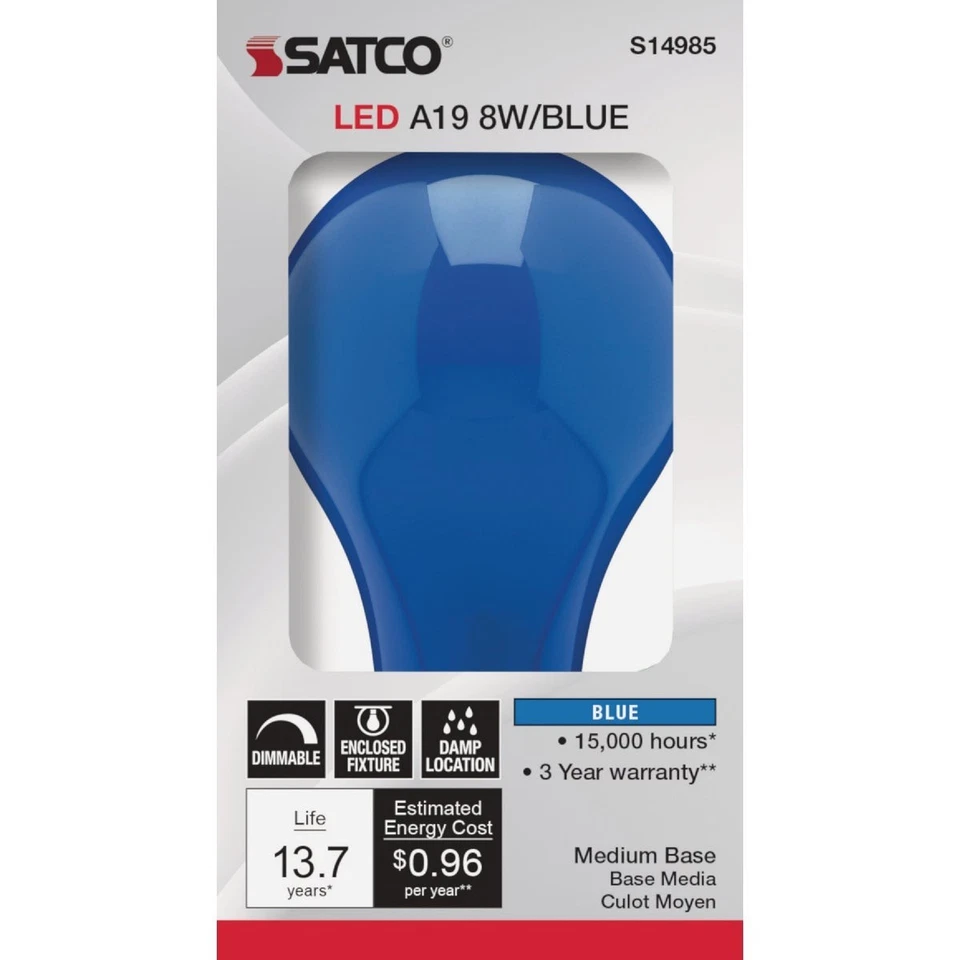 Satco S14985 - 8 Watt LED A19 Decorative Ceramic Blue Light Bulbs (2 or 6 Pack) - Image 3 of 3