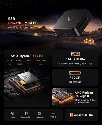 NiPoGi E3B Mini PC AMD Ryzen 7 5825U 16GB DDR4 512GB SSD WiFi6 BT Windows 11 Pro - Bild 3 von 10
