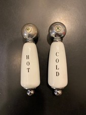 Vintage Porcelain and Polished Nickel Faucet Lever Handles and Screws Pair