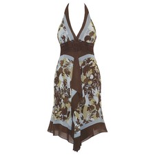 BCBG Max Azria Brown Blue Silk Halter Dress Boho Fairycore Handkerchief Hem 10