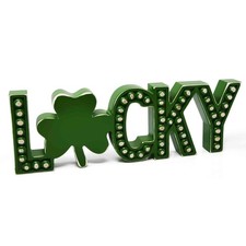 St. Patrick's Day Lucky Sign Beaded Wooden Shamrock Decor Green Wood Freestan...