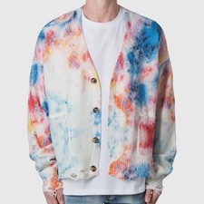 MNML Cardigan Distressed Sweater Tie Dye V-Neck Streetwear Oversized Mens XS NWT