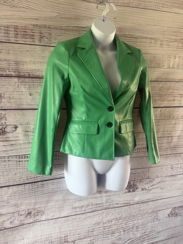 River Island Size 12 Green Faux Leather Blazer Fitted Jacket Bold Statement - Picture 3 of 20