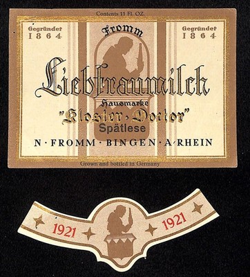 German Brauneberger Hausmarke  Schloss-Doctor  Wine Label c1921 w/ Neck Label