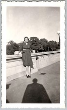 Vtg B&W Snapshot Smiling Woman Belted Dress Bridge Shadow Photographer 1941