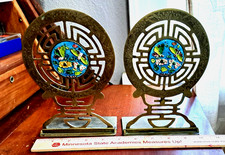 Pair Vtg Chinese Folding Brass Bookends with Cloisonne centers VGVC