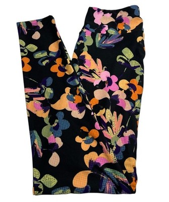 Lularoe Leggings OS One Size Floral BLACK Colorful Grid Abstract Stretch Fit