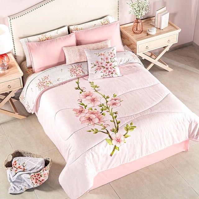 PEACH BLOSSOM FLOWERS REVERSIBLE COMFORTER SET 5PCS QUEEN SIZE 100