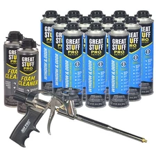 Great Stuff PRO Window And Door Foam (12) cans, Foam Gun, 2 cleaner