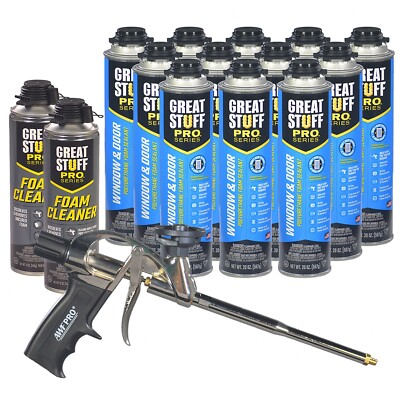 Great Stuff PRO Window And Door Foam (12) cans, Foam Gun, 2 cleaner