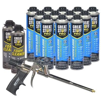 Great Stuff PRO Window And Door Foam (12) cans, Foam Gun, 2 cleaner