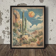 CACTUS FLOWER MOON Wall Art, Retro Western Botanical Decor, Desert Floral Poster