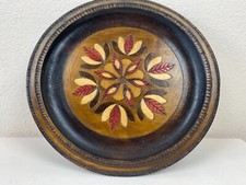 VTG Handcarved Wood Polish Plate Brass Inlay 9.5" Red Floral Folk Art Primitive