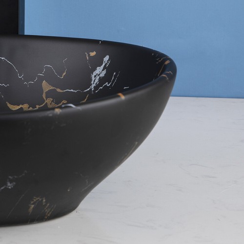 US Bathroom Vessel Sink Oval Ceramic Black Waterfall Deck Mount Mixer Basin Taps - Picture 8 of 15
