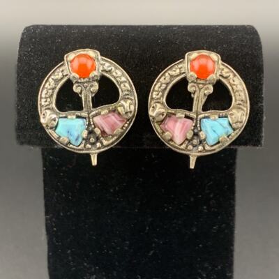 Miracle Vintage Sol D Or Silver Tone Glass Celtic Pennanular Clip-on Earrings 1''