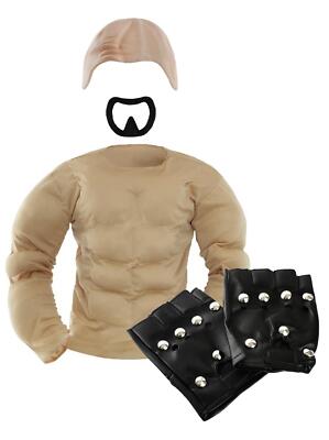 1990er WRESTLER STONE COLD AUSTIN KOSTÜM MUSKEL BRUST SCHNURRBART GLATZE KAPPE HANDSCHUHE