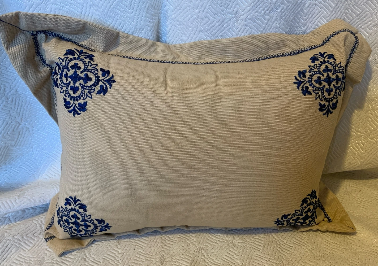 New Tan With Blue Embroidery Pillow “16x13” “b”