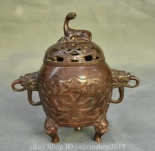 5.6 " Marked China Red Bronze Dynasty Dragon Beast Pattern Incense Burner