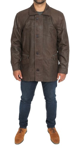 Mens Parka Soft Brown Nubuck Leather Jacket Classic Car Coat Mid Length Overcoat - Picture 3 of 9
