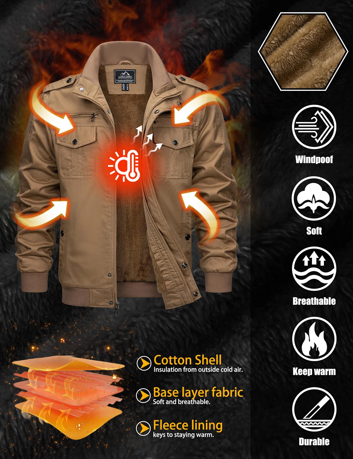TACVASEN Men's Winter Bomber Jacket Fleece Cotton Thicken Casual Work Cargo Coat - product detail image 2