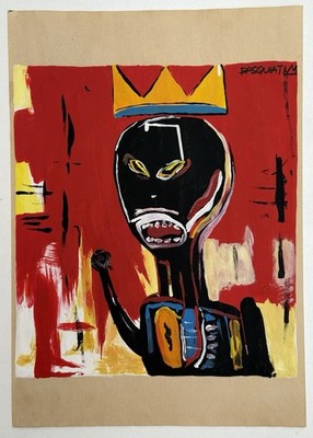 Jean-Michel Basquiat (Handmade) Drawing On Old Paper Signed & Stamped, vtg art