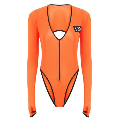 Women's Sexy Prisoner Bodysuit Jail Romper Halloween Bodycon Dress Costume - Picture 6 of 34