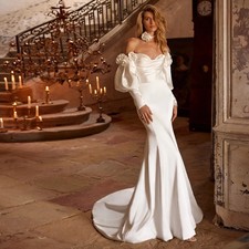 Bubble Sleeves 3D Flowers Mermaid Wedding Dresses Off the Shoulder Bridal Gown
