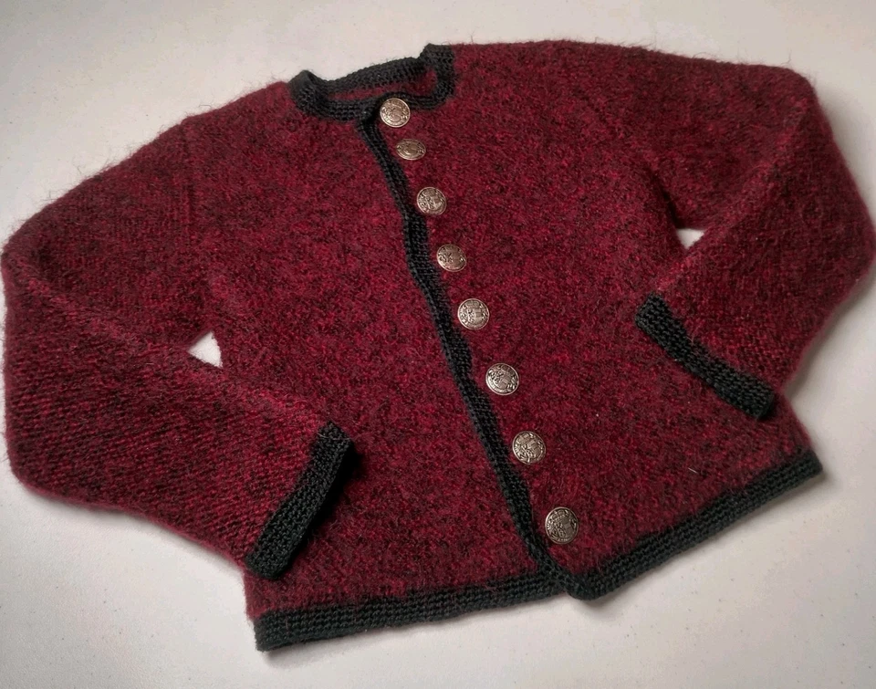 Cárdigan Suéter Austriaco Lana Hervida Juvenil Salzburgo Abotonado Granate Tejido LEER Foto 2 de 4