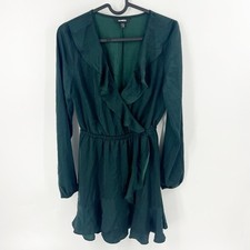 ✅ EXPRESS GREEN FAUX WRAP DRESS WITH RUFFLE SIZE X-SMALL LONG SLEEVE