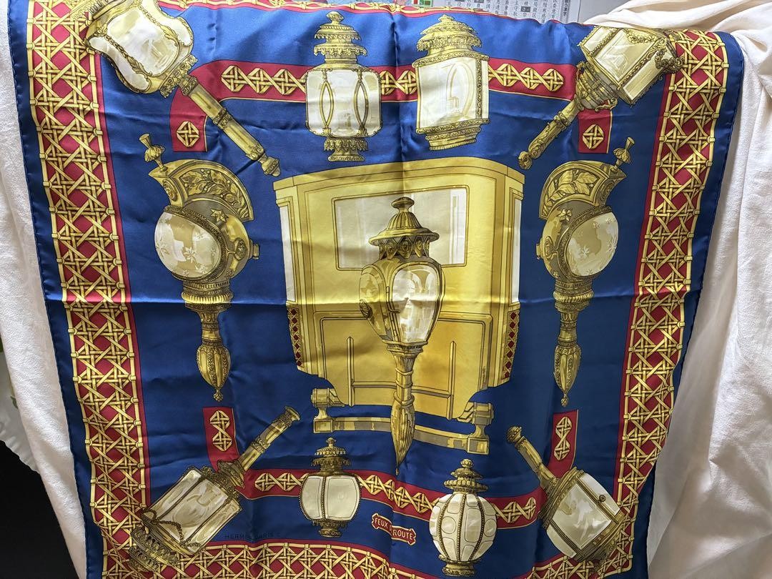HERMES 90cm Silk Scarf Blue Gold Lamp Print Luxury Fashion Accessory