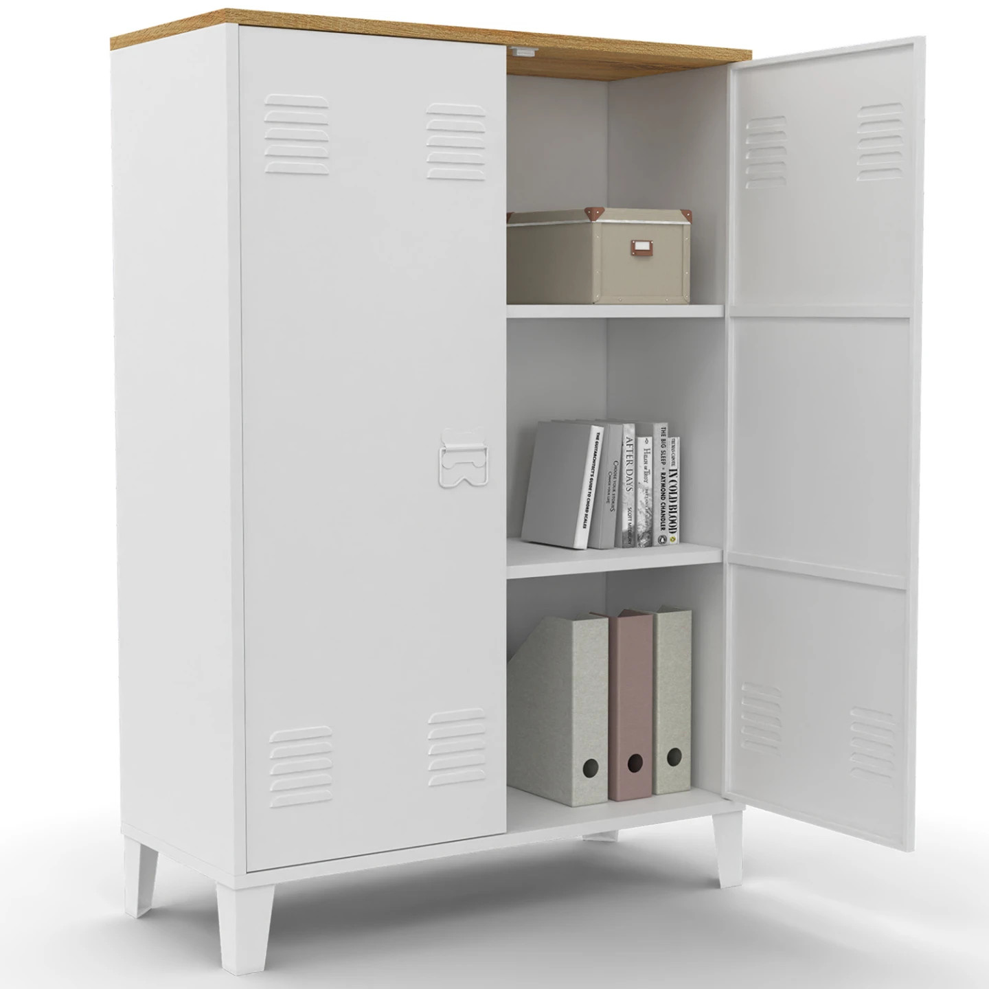 Armoire basse ESTER petit buffet blanc et bois gain de place entrée