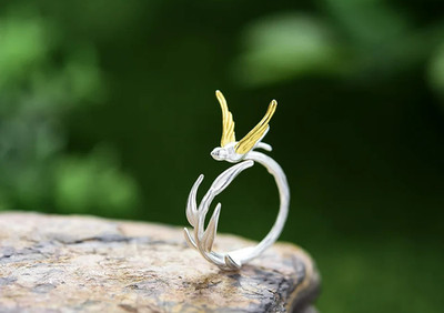 Bird Swallow Willow on Branch Handmade Ring 925 Sterling Silver White