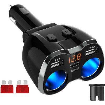 Doppelbuchse USB C Kfz-Ladegerät 12V/24V DC 120W mit LED Voltmeter Switch Silber