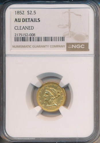 1852 $2 1/2 LIBERTY HEAD QUARTER EAGLE GOLD COIN **NGC CERTIFIED AU DETAILS**