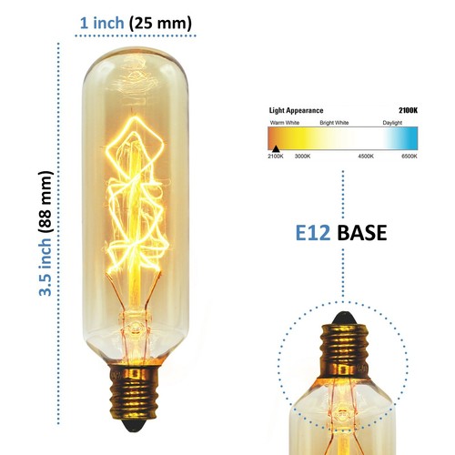 Vintage Edison Bulb, T25 Tubular Radio Spiral, 40w, Candelabra E12 Base, 2-Pack - Picture 2 of 2