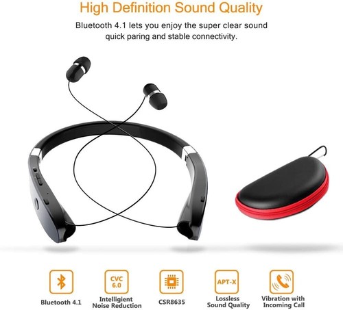Retractable Bluetooth Neckband Headphones with Noise Cancellation & Carry Case - Picture 6 of 9