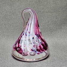 Small Hand Blown Art Glass Hershey Kiss White Pink Swirl w/Bubbles