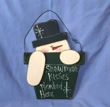 Wood Christmas Flower Pot Snowman Kisses Wall Hanging Sign Plaque Painted 11.5"