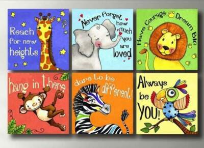 Hand Painted Canvas Wall Art 6 Pcs Safari Animal Jungle Kids Nursery Room Décor