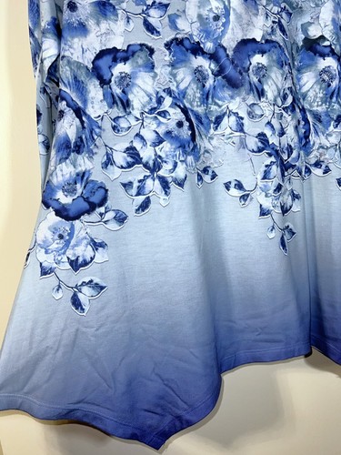 One World Blue Floral Flower Rhinestone Pullover V-Neck Tunic Blouse Shirt Top L - Picture 7 of 13