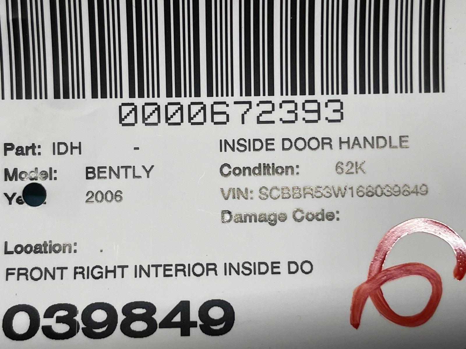 2006-2012 BENTLEY CONTINENTAL FLYING SPUR FRONT RIGHT INTERIOR DOOR HANDLE OEM