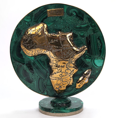 Rare Malachite Sculpture with Gold Map of Democratic Republic of Congo   7'' Tall