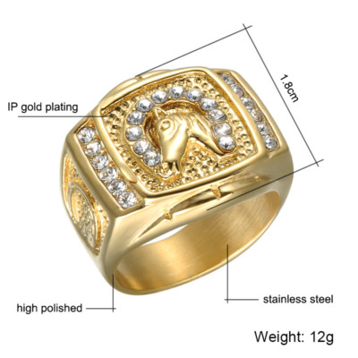 18K GOLD EP CZ ROUND CUT MENS LUCKY HORSE SHOE RING size 7