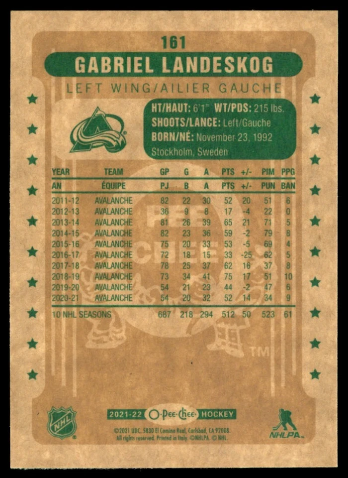 2021-22 O-Pee-Chee Retro Gabriel Landeskog #161 - Image 2 of 2