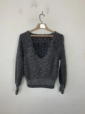 Free People Womens Sweater Medium Gray Wool Alpaca V Neck Fuzzy Hoops Hollas