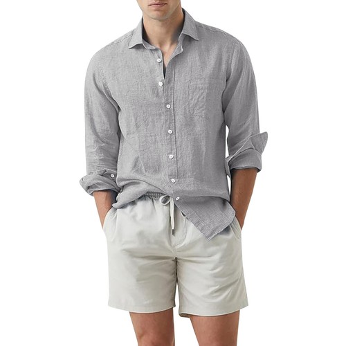 Hot Cotton and Linen Collar Solid Color Long Sleeved Men's Shirt - Picture 9 of 27