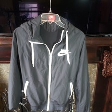 Nike Women Windrunner Jacket Large Black Hooded Zip Lightweight Run Outerwear